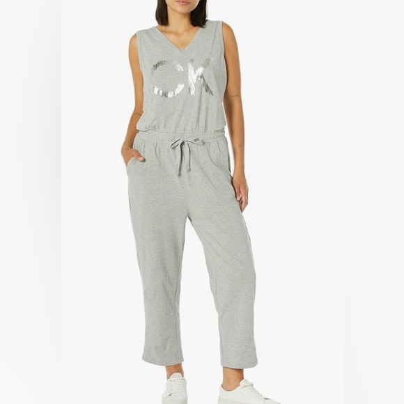 Calvin Klein V-Neck Designer Logo Sleeveless Jumpsuit Romper Gray Womens Size XL - Picture 1 of 9